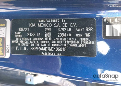 2021 Kia Forte Ex z USA, uszkodzony, nr VIN 3KPF54AD7ME406018